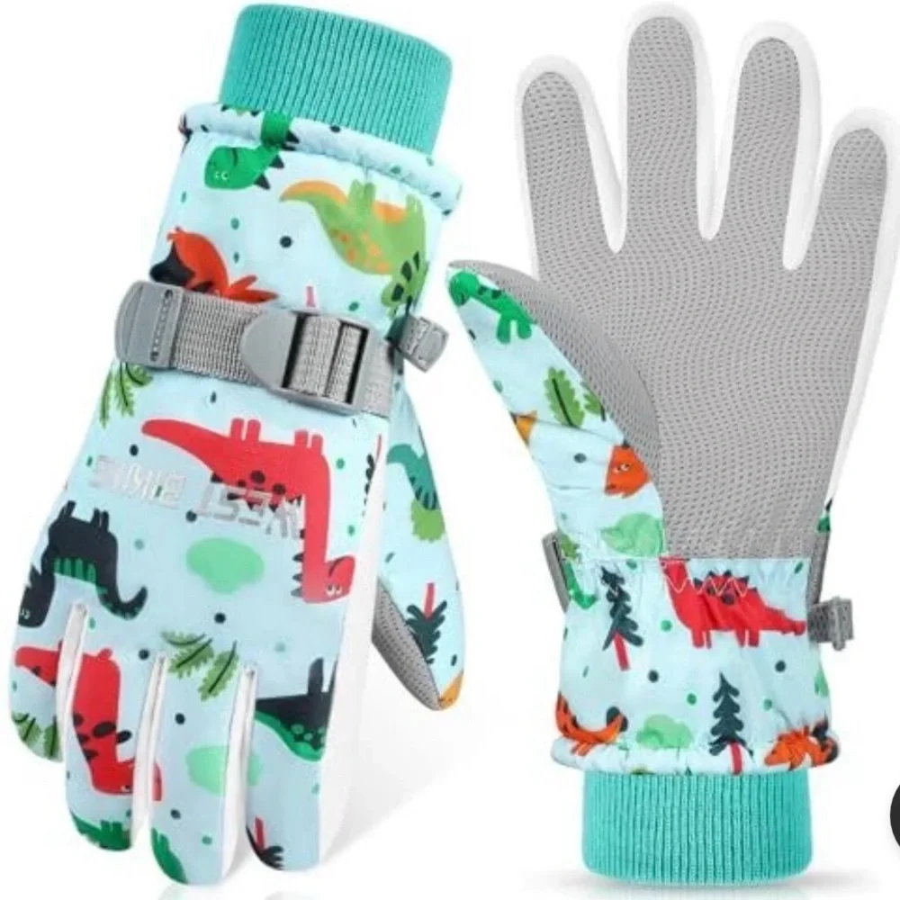 Kids Dino-Print Winter Mittens - Teal Green